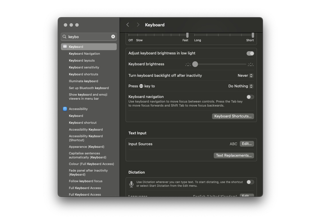 macOS System Settings Keyboard Interface