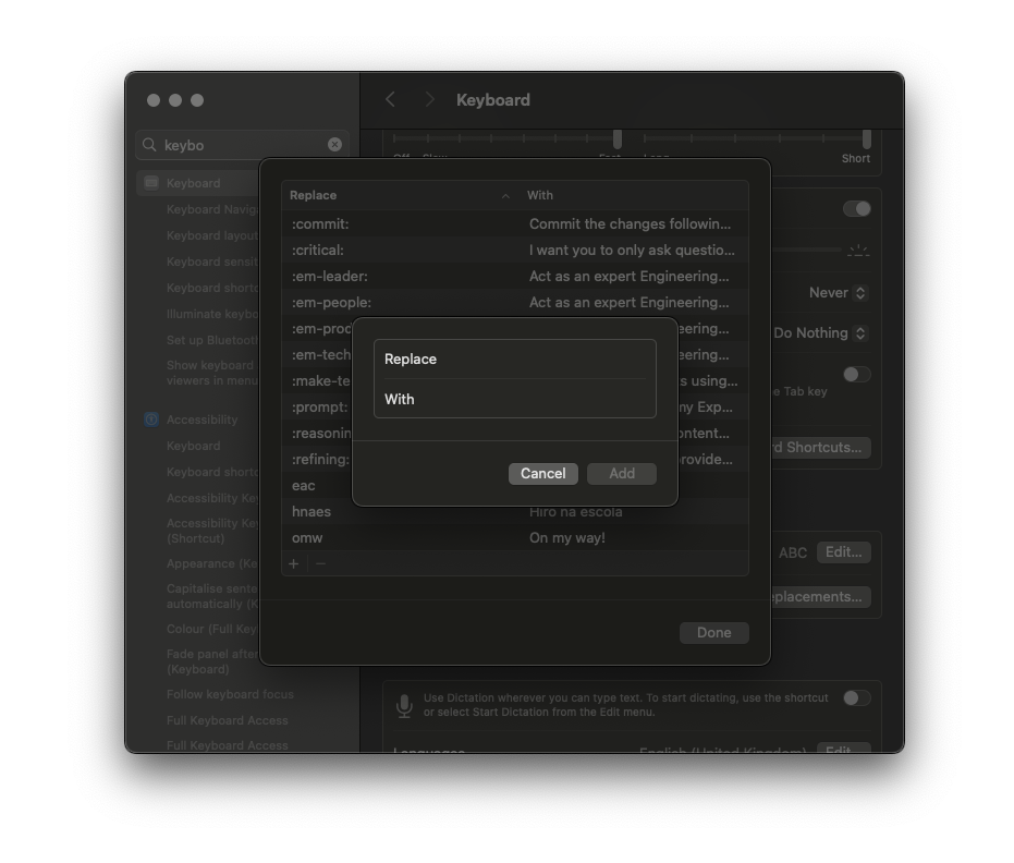 Text Replacements Configuration Dialog