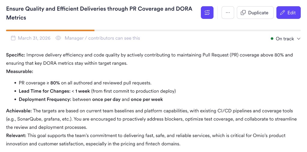 SMART goal: Ensuring quality and efficient deliveries through PR coverage and DORA metrics