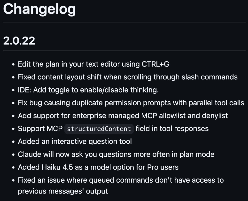 Claude Code v2.0.22 changelog — interactive question tool and plan mode improvements