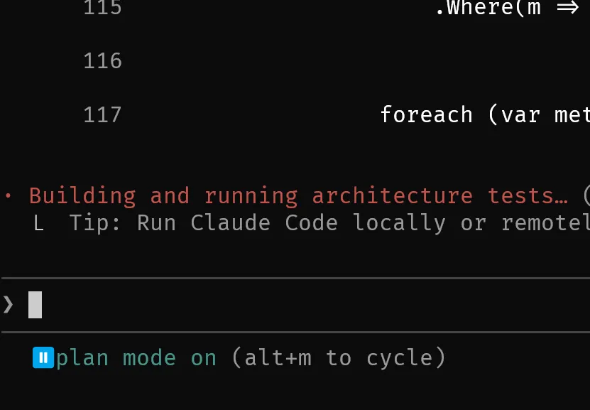 Plan Mode activated in Claude Code — the agent analyzes before acting