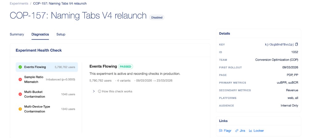 Experiment health check and diagnostics
